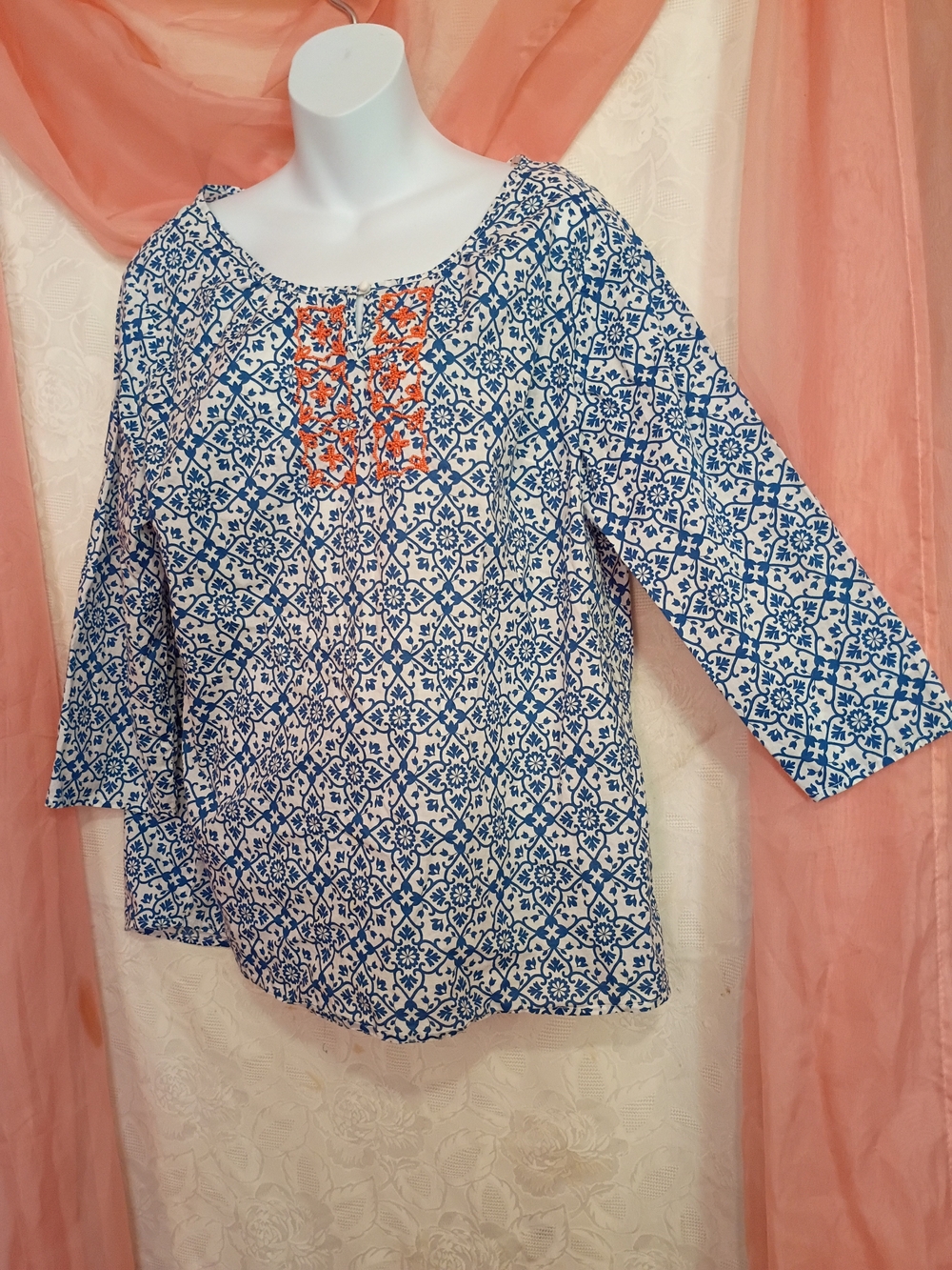 Basic Editions Ladies Blue & White Peasant Blouse Orange Beads Sz Lg